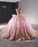 Pink Beaded Sequins Wedding Dresses Straps Quinceanera Dress With Bowknot 241090|Selinadress