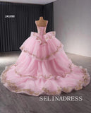 Pink Beaded Sequins Wedding Dresses Straps Quinceanera Dress With Bowknot 241090|Selinadress