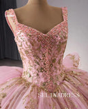 Pink Beaded Sequins Wedding Dresses Straps Quinceanera Dress With Bowknot 241090|Selinadress