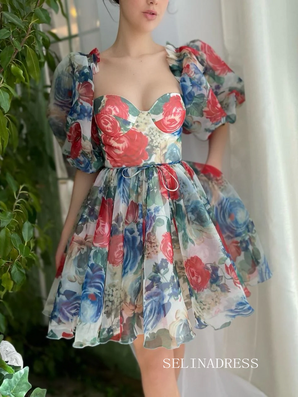 Blue Floral Homecoming Dress Puff Sleeve Short Prom Dress EWR411|Selinadress