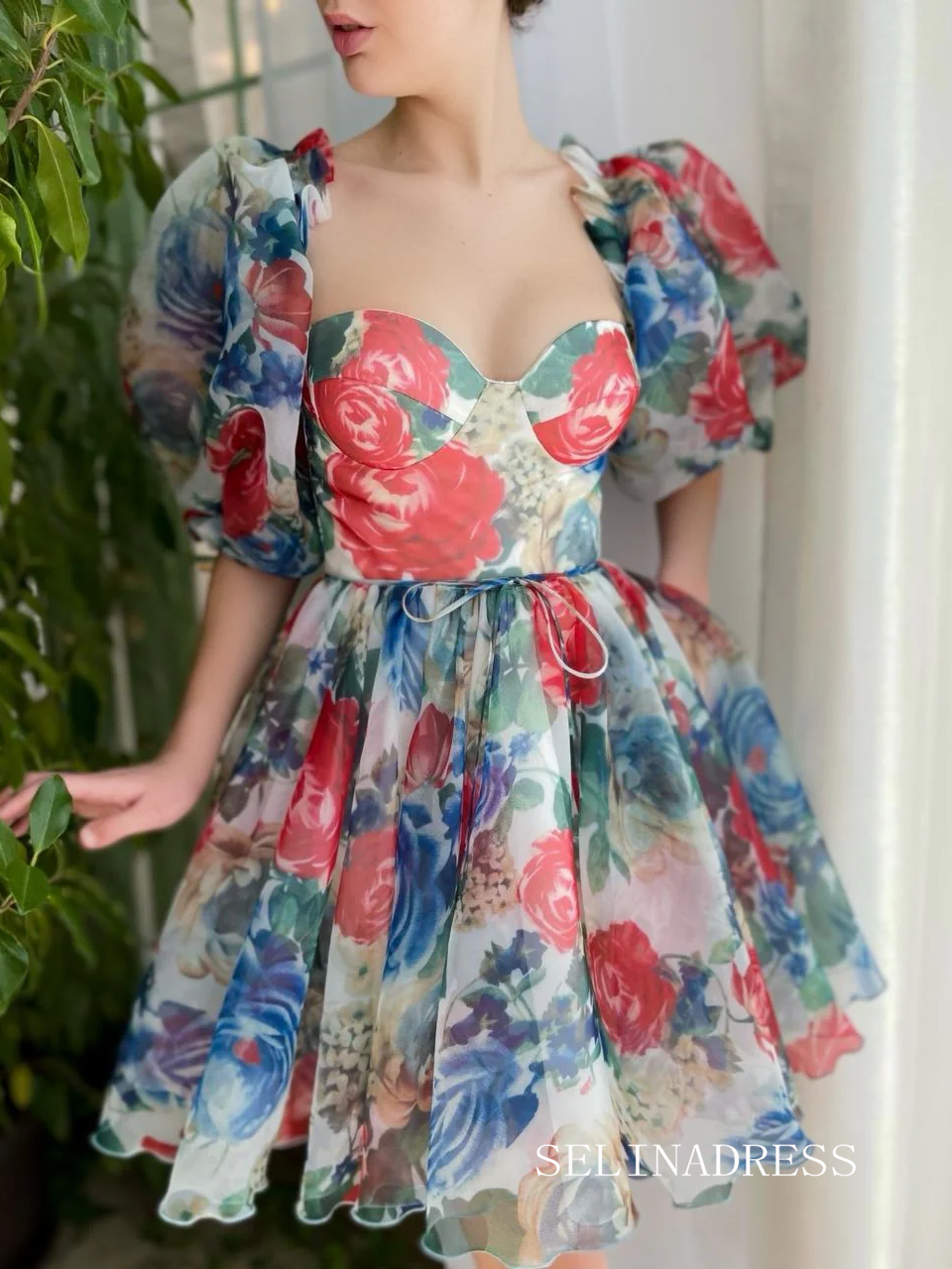 Blue Floral Homecoming Dress Puff Sleeve Short Prom Dress EWR411|Selinadress