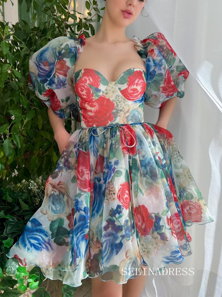 Blue Floral Homecoming Dress Puff Sleeve Short Prom Dress EWR411|Selinadress