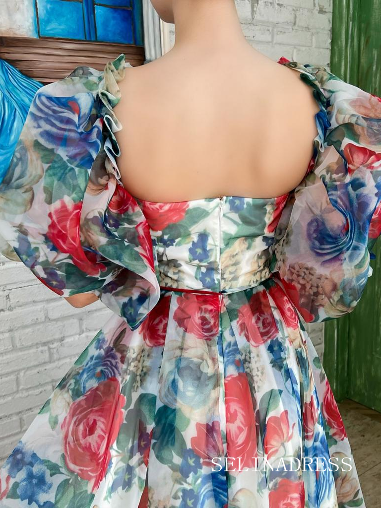 Blue Floral Homecoming Dress Puff Sleeve Short Prom Dress EWR411|Selinadress