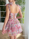 Pink Floral Homecoming Dress Straps Tulle Short Prom Dress EWR410|Selinadress