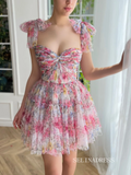 Pink Floral Homecoming Dress Straps Tulle Short Prom Dress EWR410|Selinadress