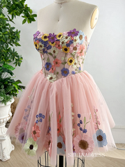 Pink Flower Homecoming Dress Short Sleeve Tulle Short Prom Dress EWR407|Selinadress