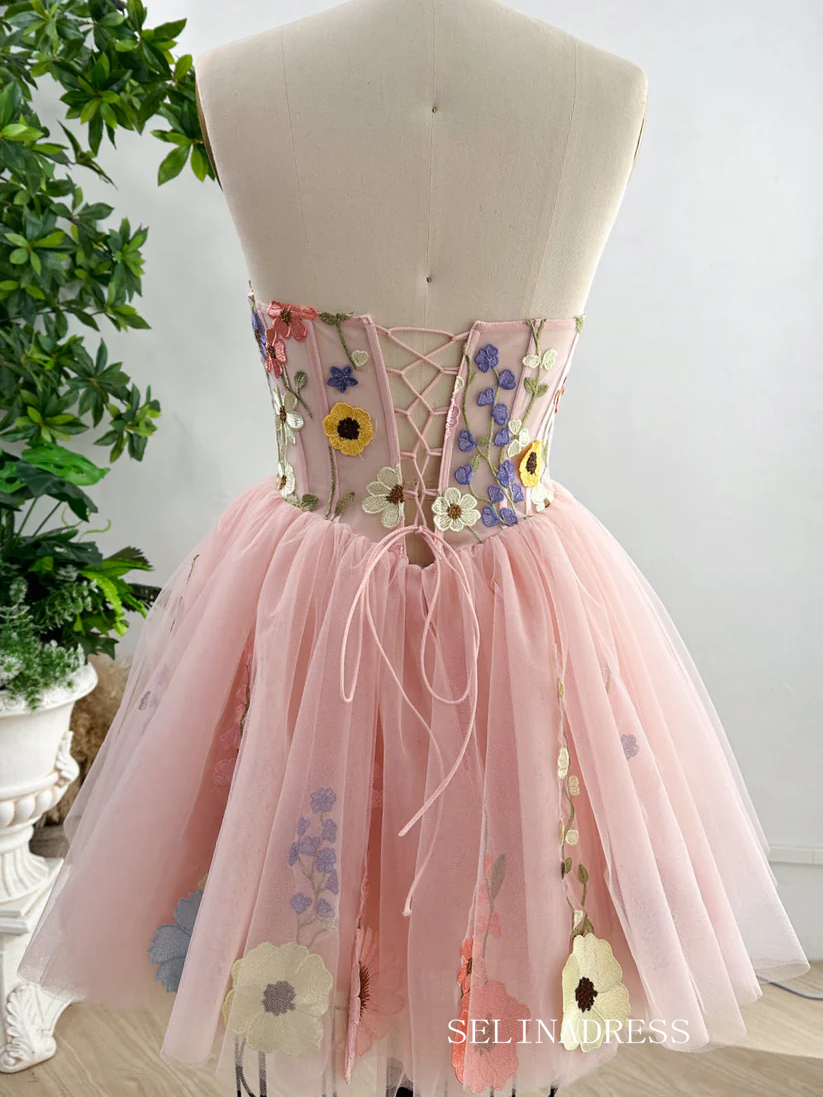 Pink Flower Homecoming Dress Short Sleeve Tulle Short Prom Dress EWR407|Selinadress