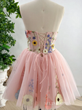 Pink Flower Homecoming Dress Short Sleeve Tulle Short Prom Dress EWR407|Selinadress