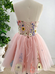 Pink Flower Homecoming Dress Short Sleeve Tulle Short Prom Dress EWR407|Selinadress