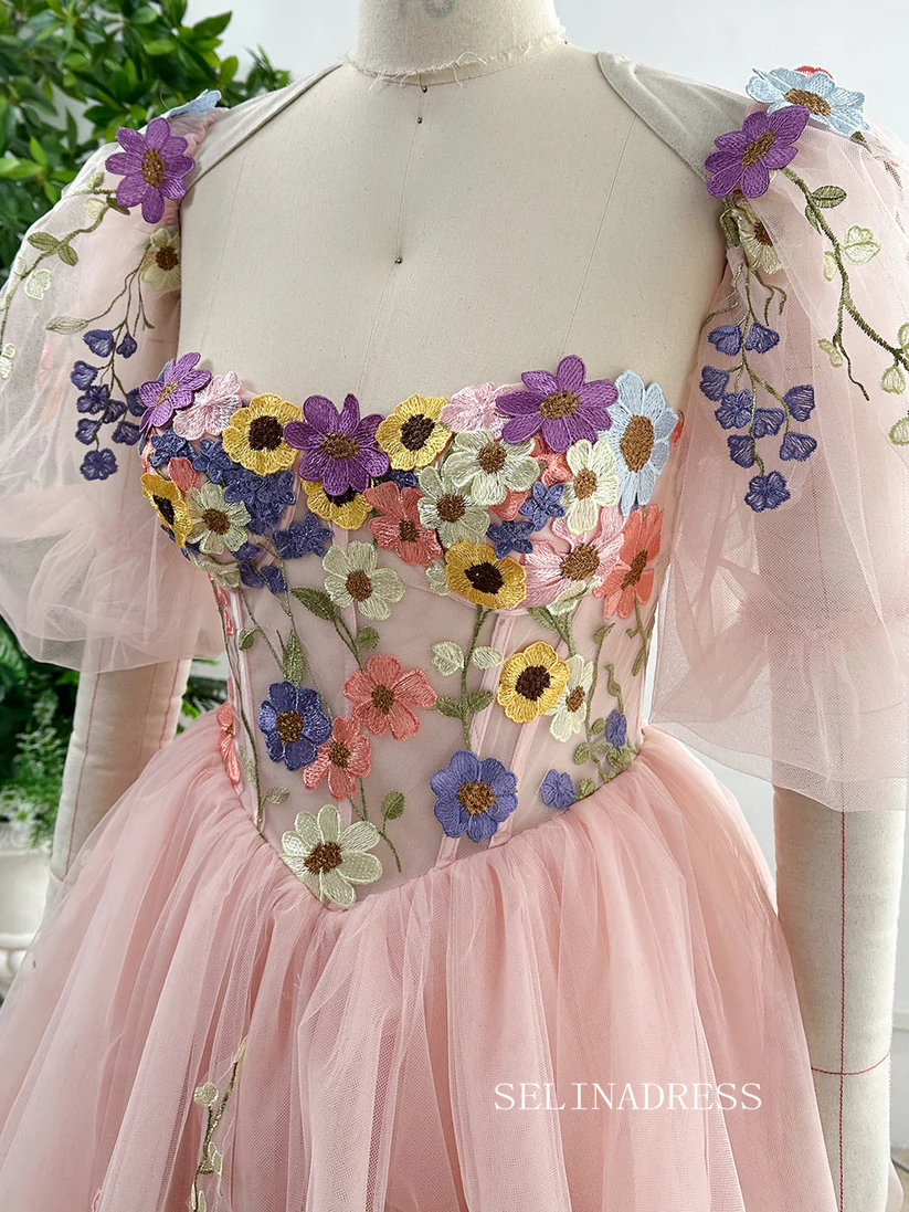 Pink Flower Homecoming Dress Short Sleeve Tulle Short Prom Dress EWR407|Selinadress