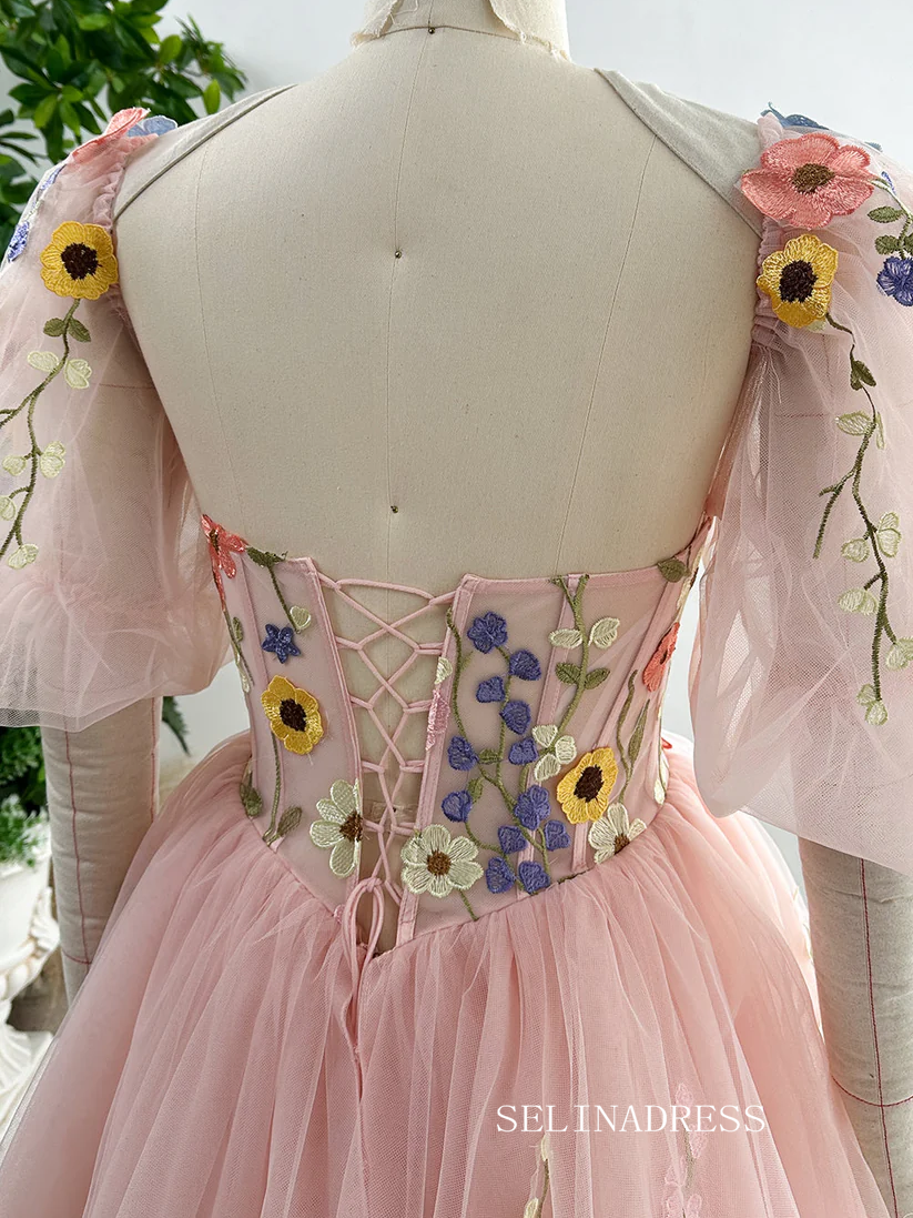 Pink Flower Homecoming Dress Short Sleeve Tulle Short Prom Dress EWR407|Selinadress