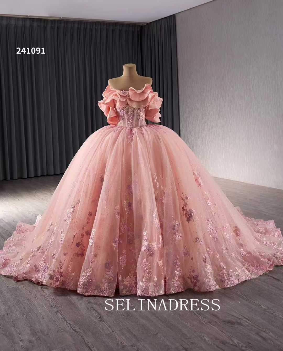 Pink Lace Applique Layered Wedding Gowns Convertible Quince Dress 241091|Selinadress