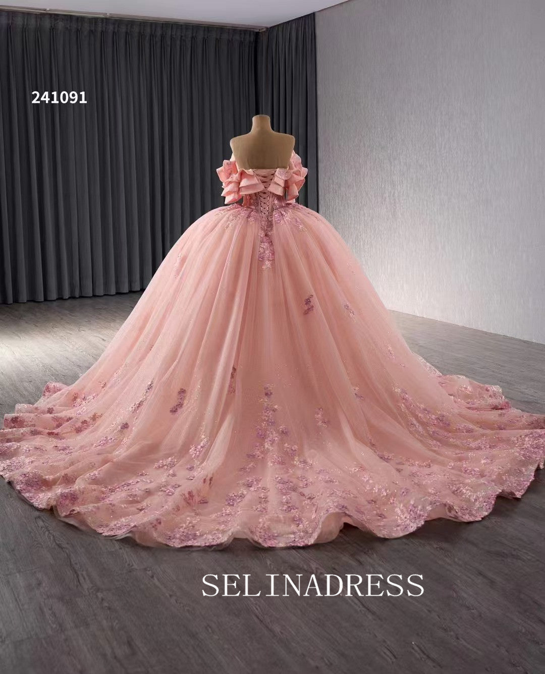 Pink Lace Applique Layered Wedding Gowns Convertible Quince Dress 241091|Selinadress