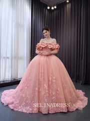 Pink Lace Applique Layered Wedding Gowns Convertible Quince Dress 241091|Selinadress