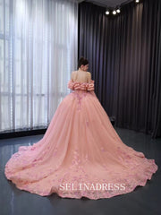 Pink Lace Applique Layered Wedding Gowns Convertible Quince Dress 241091|Selinadress