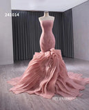 Pink Mermaid Lace Wedding Dresses Tiered Strapless Pageant Dress 241014|Selinadress