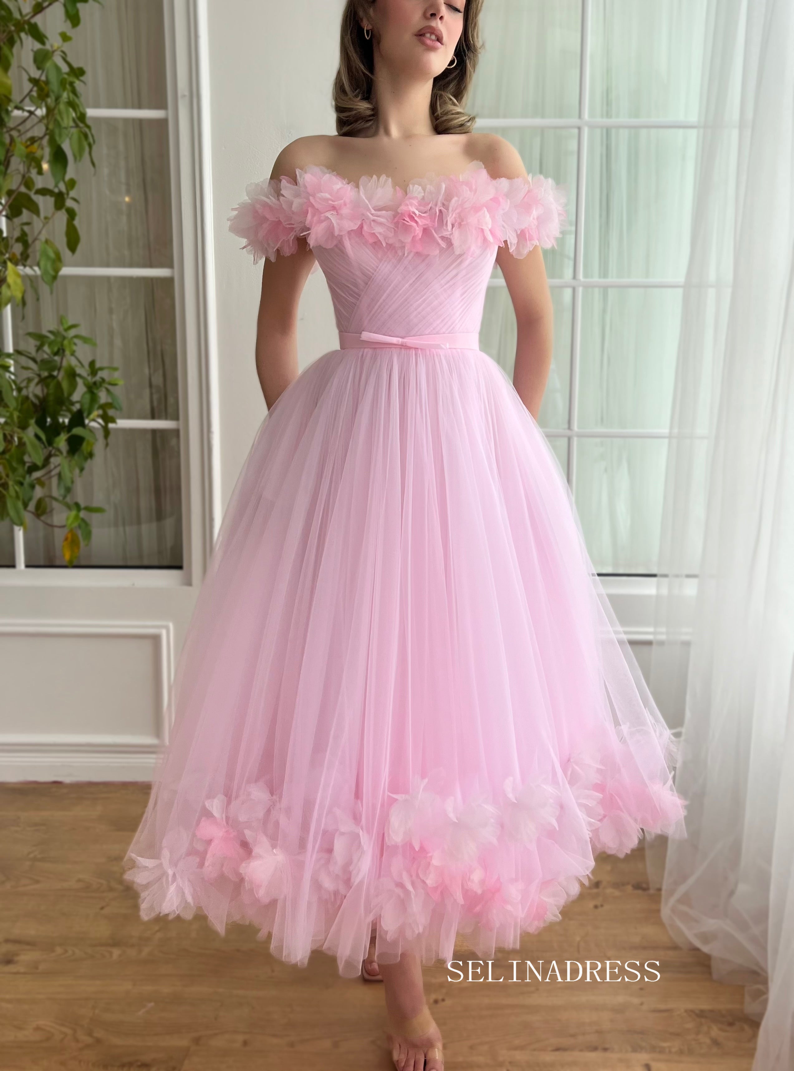 Pink Off-the-shoulder Short Midi Prom Dress A line Tulle Party Dress JKL3127|Selinadress