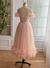 Pink Off-the-shoulder Short Midi Prom Dress A line Tulle Party Dress JKL3127