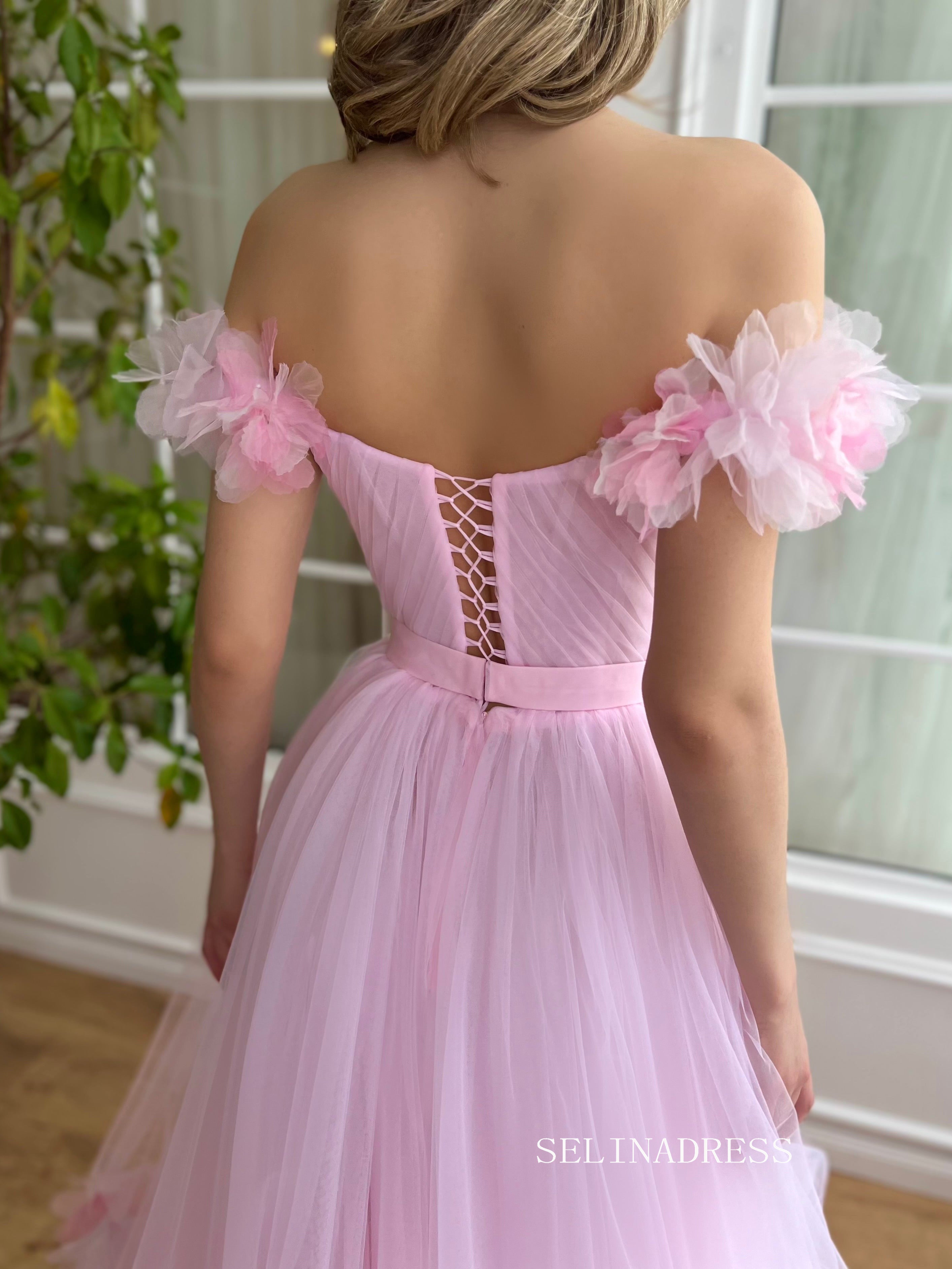 Pink Off-the-shoulder Short Midi Prom Dress A line Tulle Party Dress JKL3127|Selinadress