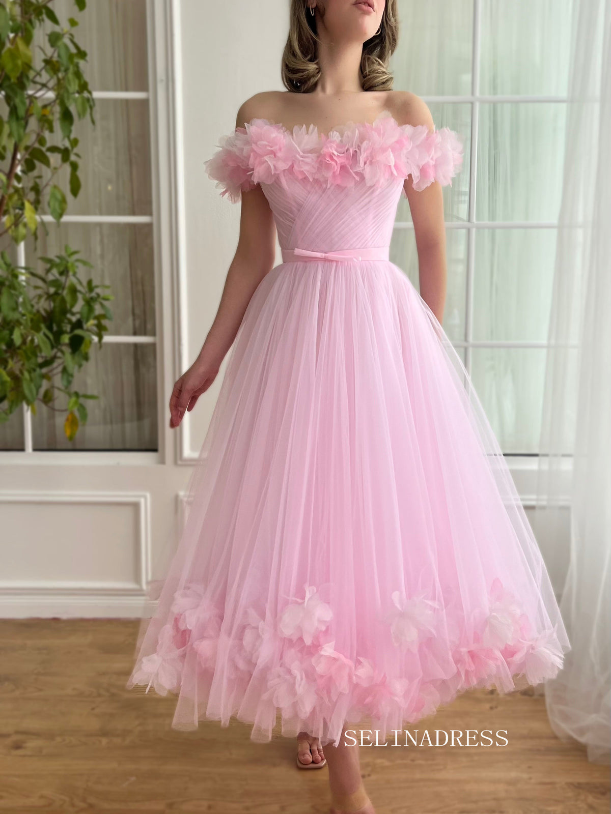 Pink Off-the-shoulder Short Midi Prom Dress A line Tulle Party Dress JKL3127|Selinadress