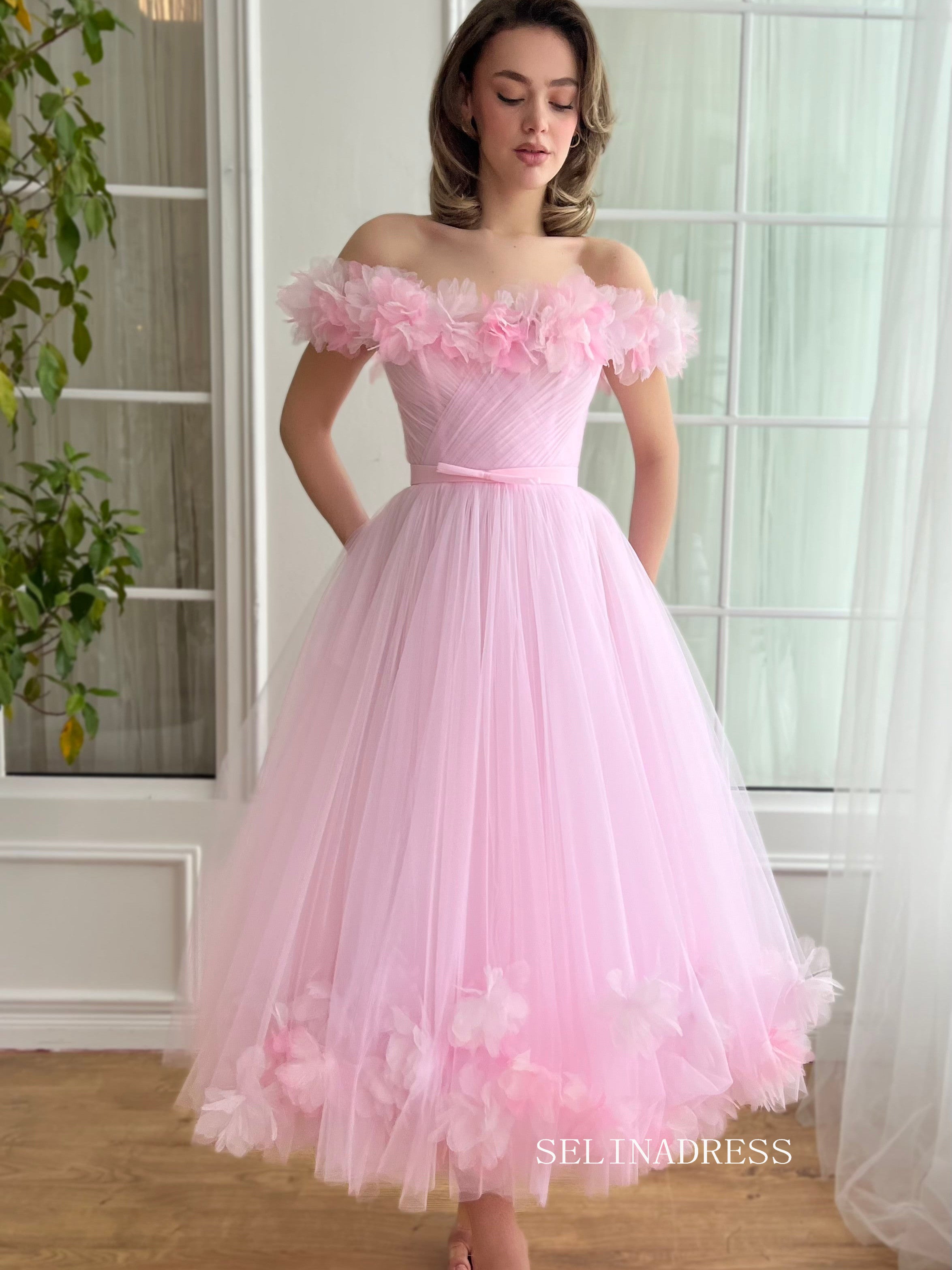 Pink Off-the-shoulder Short Midi Prom Dress A line Tulle Party Dress JKL3127|Selinadress