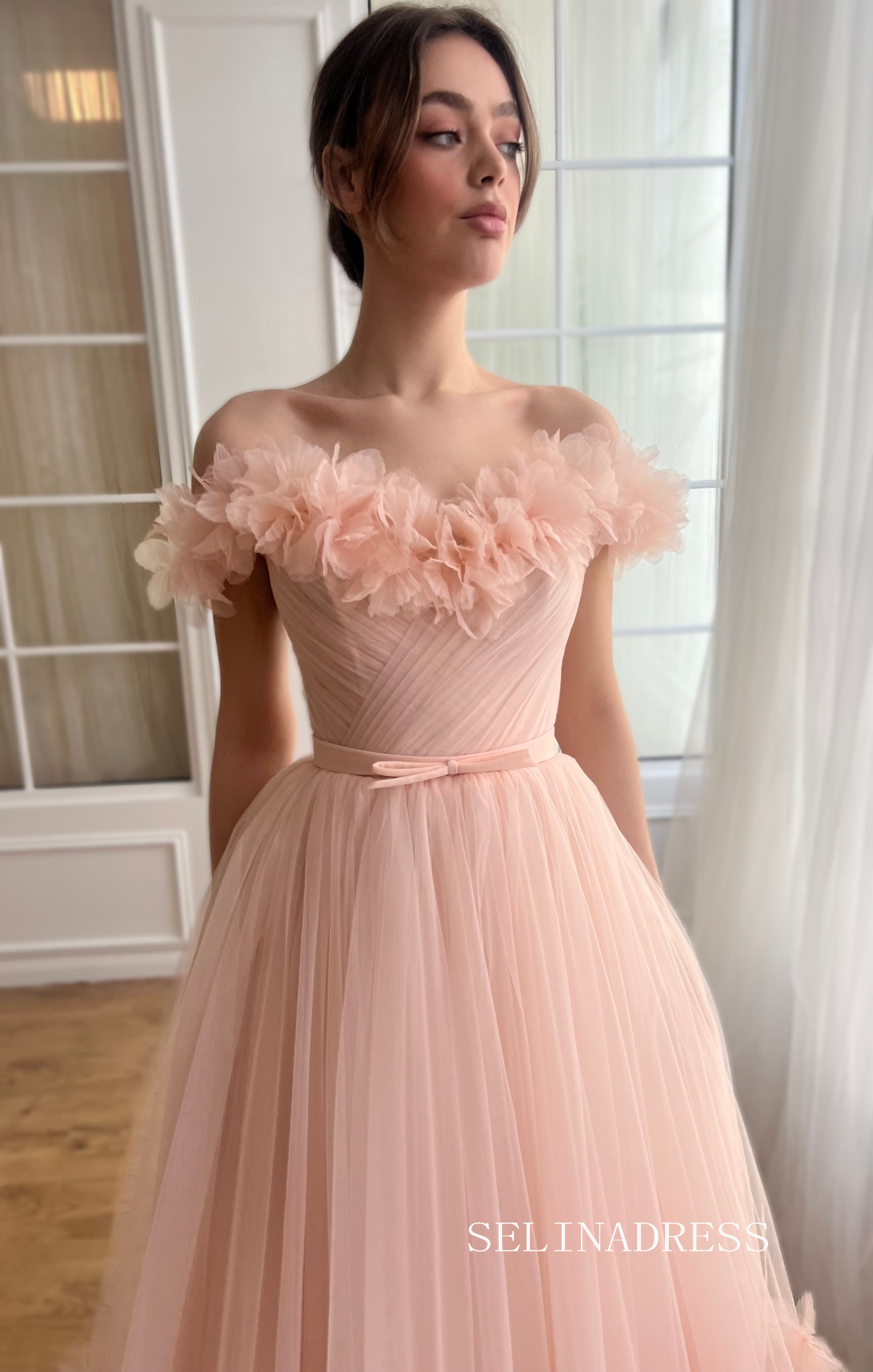 Pink Off-the-shoulder Short Midi Prom Dress A line Tulle Party Dress JKL3127