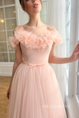 Pink Off-the-shoulder Short Midi Prom Dress A line Tulle Party Dress JKL3127