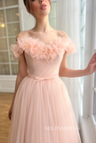 Pink Off-the-shoulder Short Wedding Dress Tea Length Tulle Prom Dresses Princess Evening Gowns EWR314|Selinadress