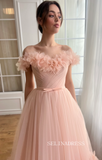 Pink Off-the-shoulder Short Wedding Dress Tea Length Tulle Prom Dresses Princess Evening Gowns EWR314|Selinadress