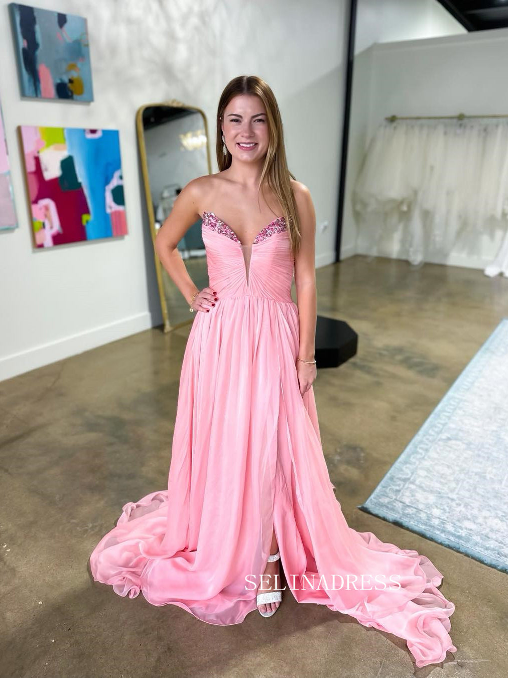 Pink Strapless A-line Beaded Prom Dress with Slit SER800|Selinadress