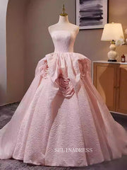 Pink Strapless Ball Gown Qunincess Dress Hand Made Flower Princess Dresses TKL3052|Selinadress