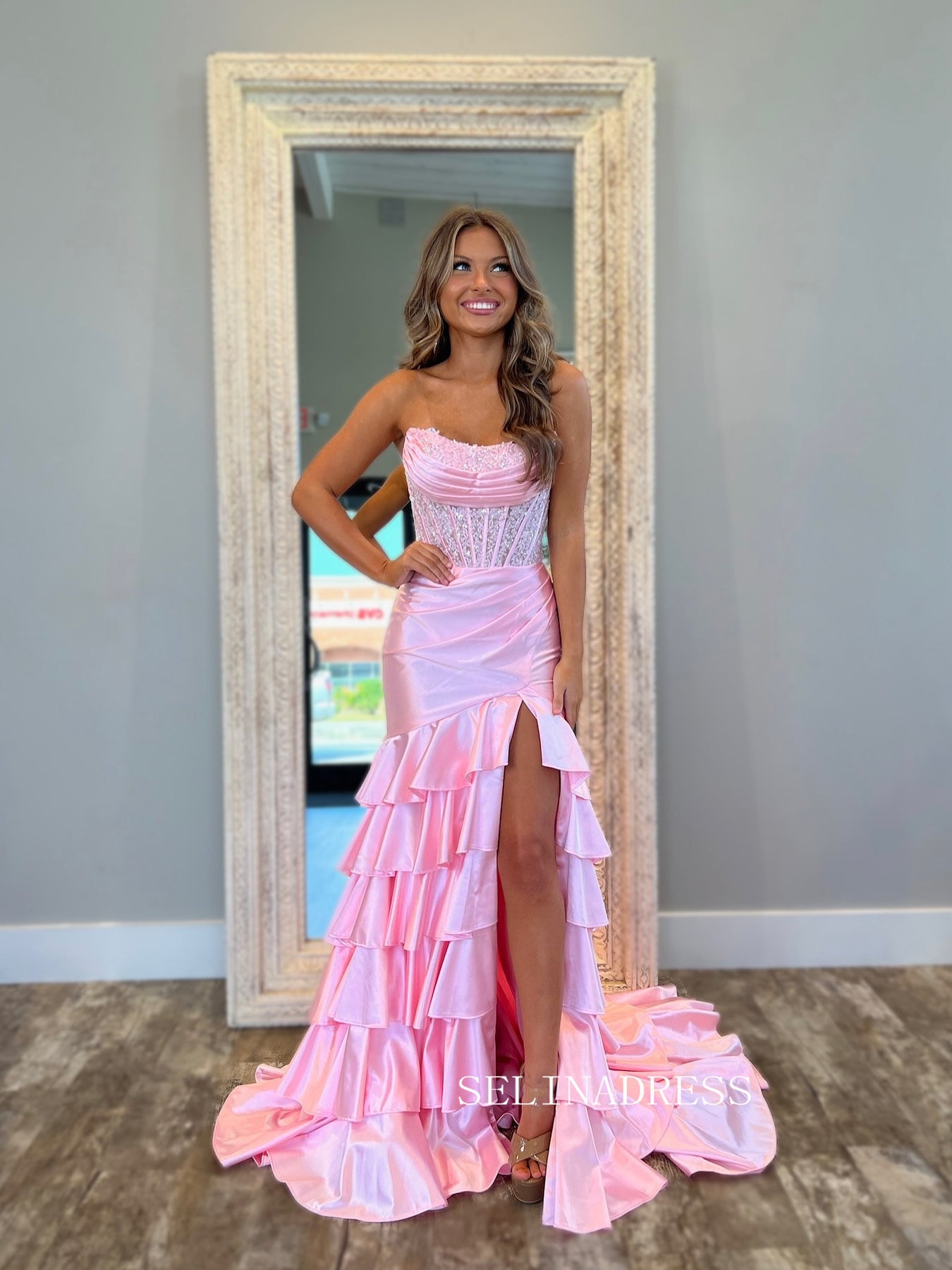 Pink Strapless Lace Mermaid Long Prom Dress With Ruffles Evening Dresss SER811|Selinadress