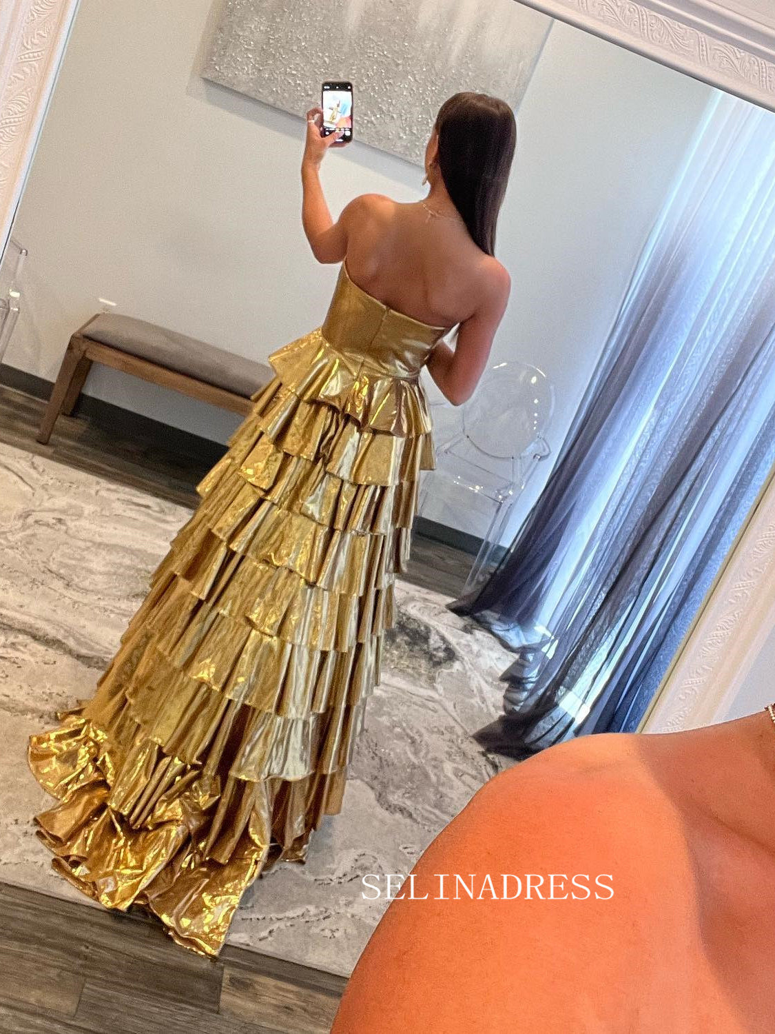 Gold Sweetheart Long Prom Dress Ruffles Ball Gown Long Evening Gowns SEW1256|Selinadress