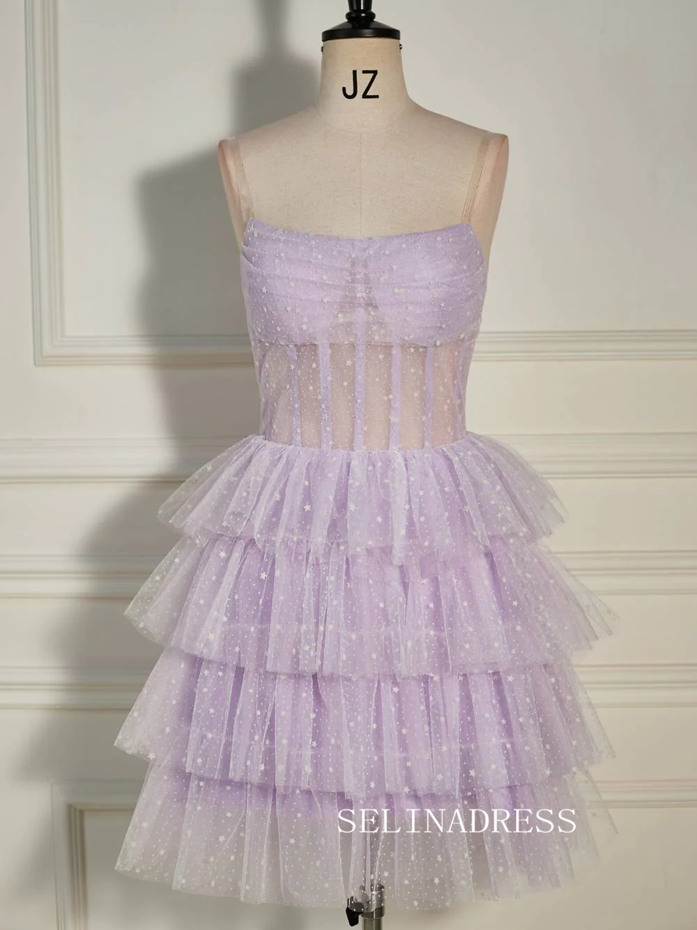 Pleated Multi-Layers Lilac Tulle Homecoming Dress with Polka Dot SEA007|Selinadress