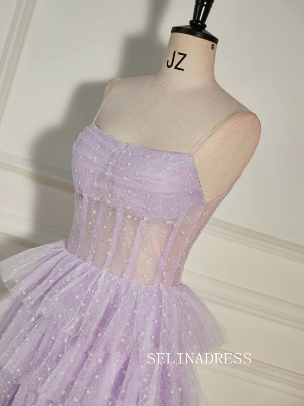 Pleated Multi-Layers Lilac Tulle Homecoming Dress with Polka Dot SEA007|Selinadress