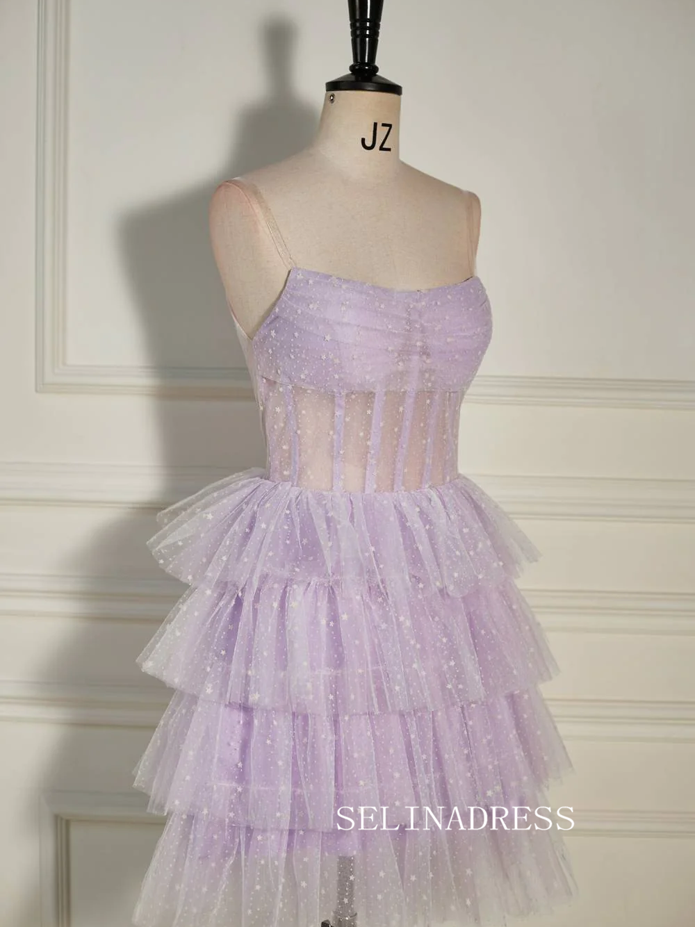 Pleated Multi-Layers Lilac Tulle Homecoming Dress with Polka Dot SEA007|Selinadress