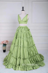 Plunging V Two-Piece Ruffle Layers A-line Green Long Prom Dress lps024|Selinadress