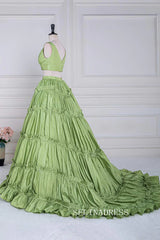 Plunging V Two-Piece Ruffle Layers A-line Green Long Prom Dress lps024|Selinadress