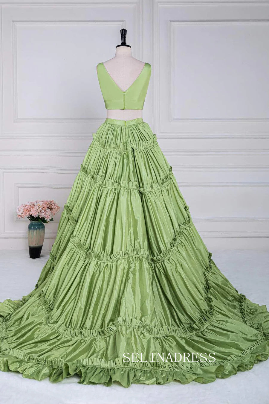 Plunging V Two-Piece Ruffle Layers A-line Green Long Prom Dress lps024|Selinadress