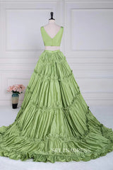 Plunging V Two-Piece Ruffle Layers A-line Green Long Prom Dress lps024|Selinadress