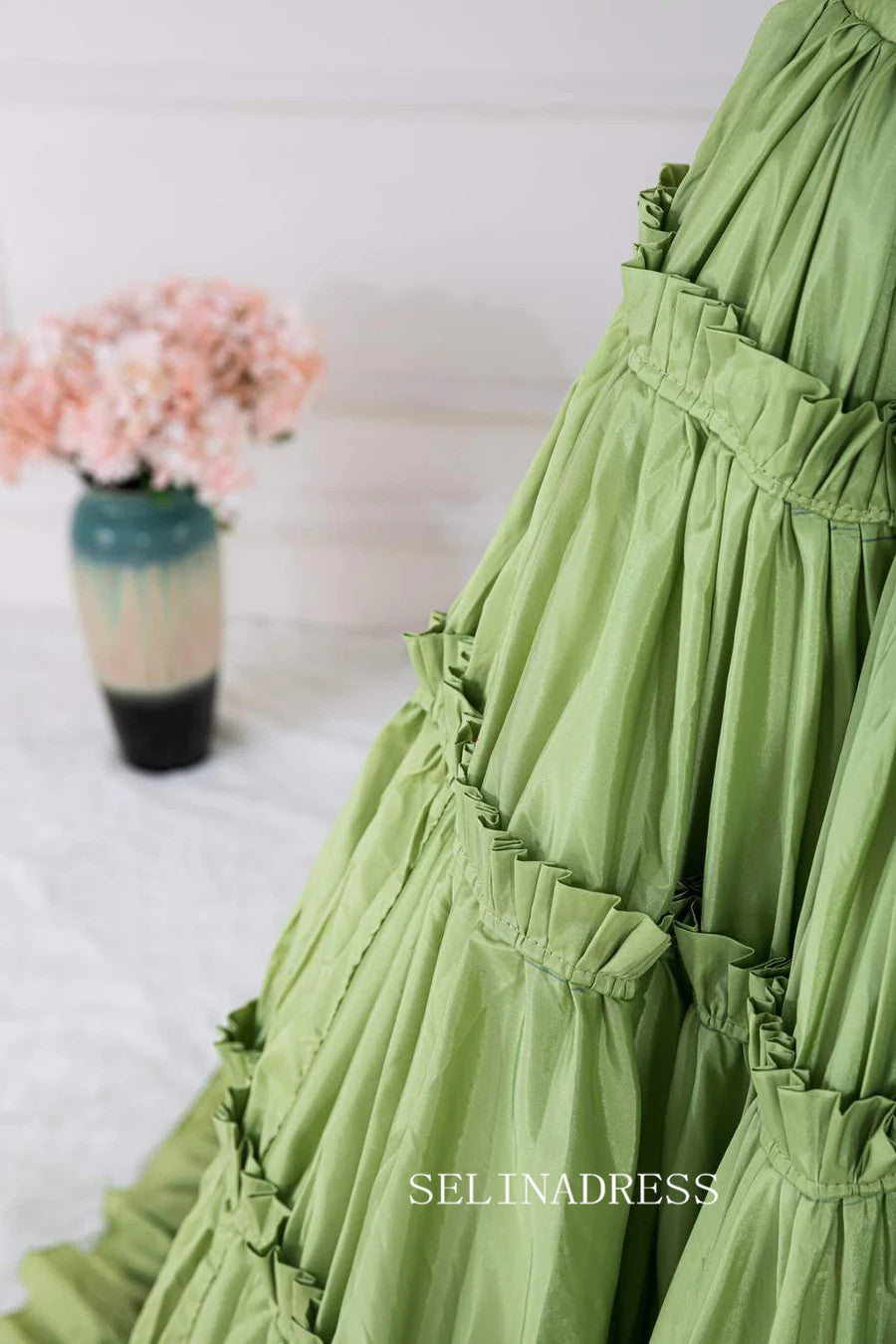 Plunging V Two-Piece Ruffle Layers A-line Green Long Prom Dress lps024|Selinadress