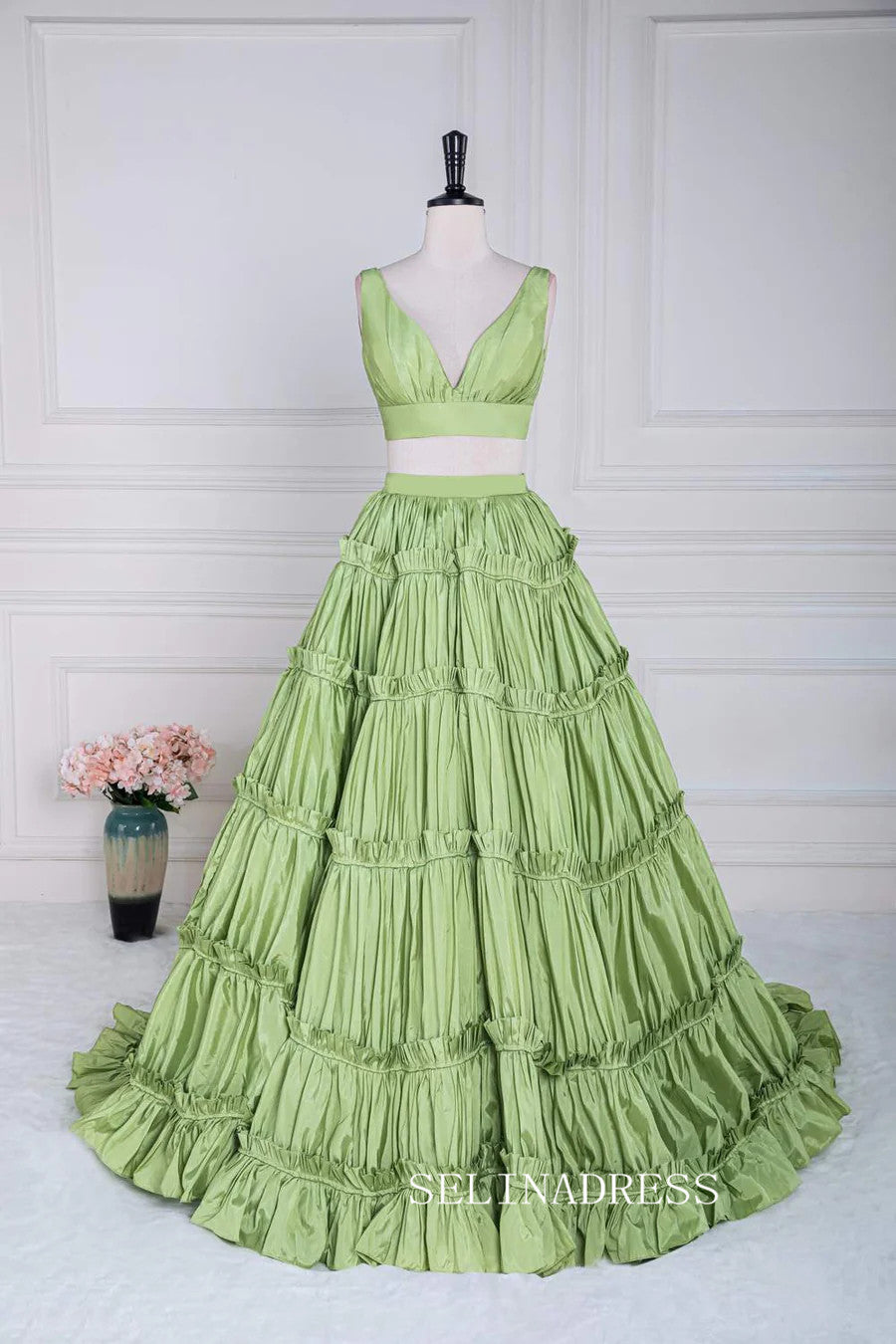 Plunging V Two-Piece Ruffle Layers A-line Green Long Prom Dress lps024|Selinadress