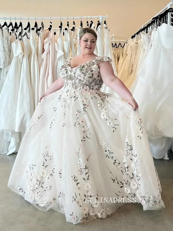 Plus Size Floral Embroidery A Line Wedding Dresses Off The Shoulder Bridal Gowns XSP002|Selinadress