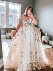 Plus Size Floral Embroidery A Line Wedding Dresses Off The Shoulder Bridal Gowns XSP002|Selinadress