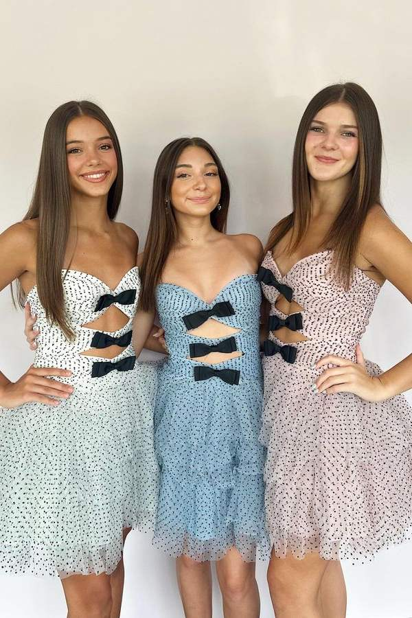 Polk Dot A-line Sweetheart Gray Short Homecoming Dresses With Bowknot #TKL3803|Selinadress