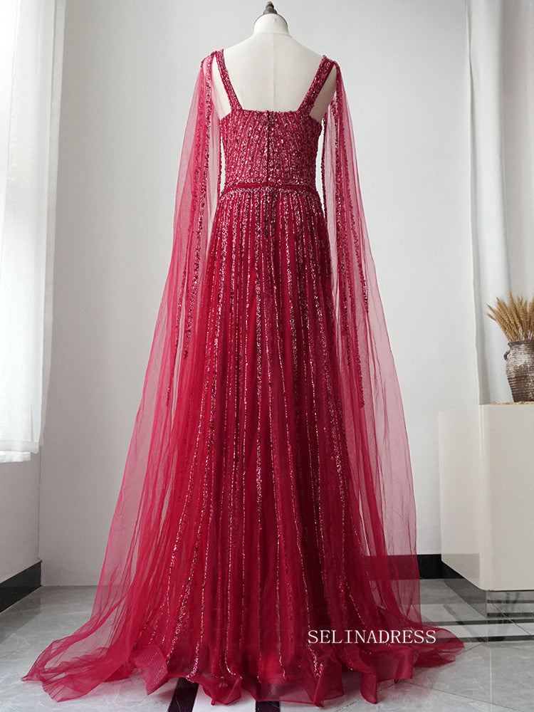 Red A-line Modest Long Prom Dress Tulle Beaded Long Evening Dress Formal Gown FUE015|Selinadress