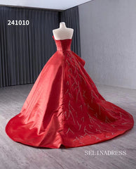 Red Beaded Satin Wedding Dress Strapless Ball Gown Quinceanera Dress 241010|Selinadress