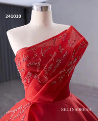 Red Beaded Satin Wedding Dress Strapless Ball Gown Quinceanera Dress 241010|Selinadress