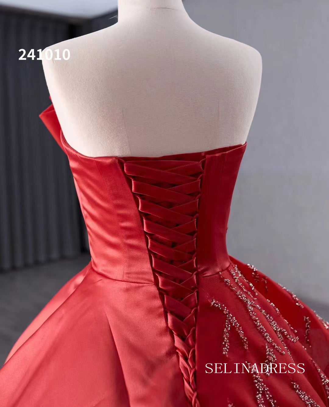 Red Beaded Satin Wedding Dress Strapless Ball Gown Quinceanera Dress 241010|Selinadress