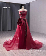 Red Beaded Satin Wedding Dress With Overskirt Strapless Pageant Dress 231020|Selinadress